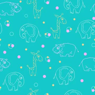 Endless pattern of animals. Giraffe, hippopotamus and elephant. Stock Illustration
