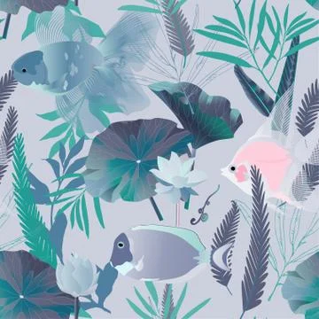 Endless pattern with aquarium and sea fish and algae. Water lilies and pretty Stock Illustration