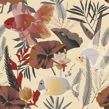Endless pattern with aquarium and sea fish and algae. Water lilies and pretty Illustrazione stock