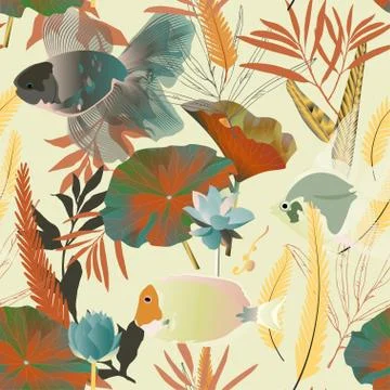Endless pattern with aquarium and sea fish and algae. Water lilies and pretty Stockillustratie