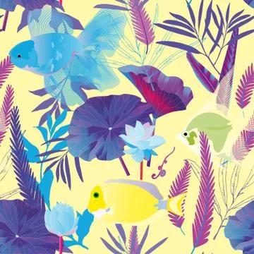 Endless pattern with aquarium and sea fish and algae. Water lilies and pretty Stockillustratie