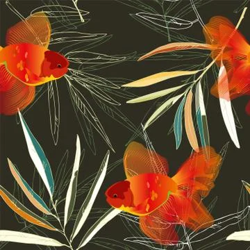 Endless pattern with aquarium gold fish and algae on black background. Exotic 库存插图