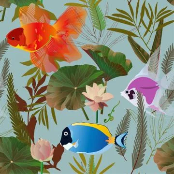 Endless pattern with aquarium goldfish and algae on blue background. Water li Stockillustratie