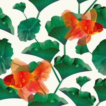 Endless pattern with aquarium goldfish and algae on white background. Water l 库存插图