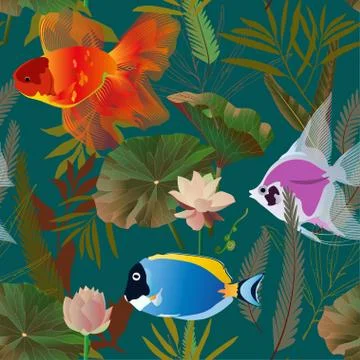 Endless pattern with aquarium goldfish and algae on blue background. Water li Stock Illustration