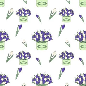 Endless pattern of Bouquet of blooming tulip flowers in circular box in cartoon Stock Illustration