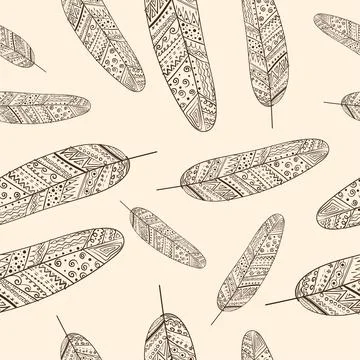 Endless pattern with brown feathers with tracing Stock Illustration