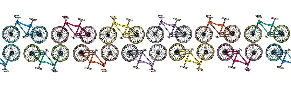 Endless Pattern Brush or Ribbon of Bicycles Bike Background. Realistic Hand D Stock Illustration