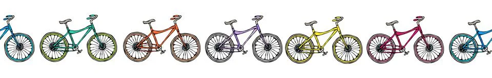 Endless Pattern Brush or Ribbon of Bicycles Bike Background. Realistic Hand D Stock Illustration