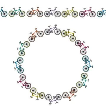 Endless Pattern Brush or Ribbon of Bicycles. Circle Frame Bike Background. Re Illustrazione stock