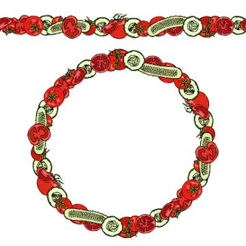 Endless Pattern Brush, Round Garland with Green Cucumber and Tomato Slices wi Stock Illustration