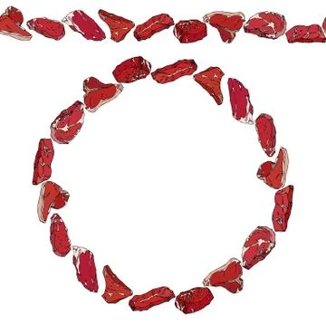 Endless Pattern Brush, Round Garland with Popular Steak Types. Beef Cuts Set. Stock Illustration
