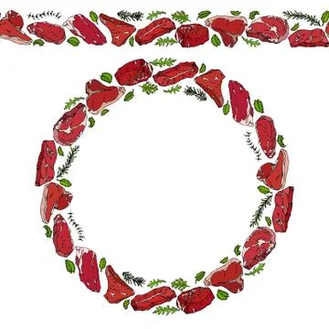 Endless Pattern Brush, Round Garland with Popular Steak Types and Herbs. Butc Stock Illustration