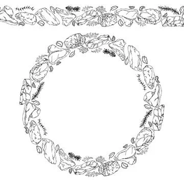 Endless Pattern Brush, Round Garland with Popular Steak Types and Herbs. Butc 스톡 일러스트