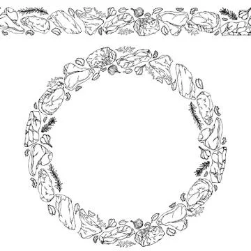Endless Pattern Brush, Round Garland with Popular Steak Types, Onion, Garlic, Stock Illustration