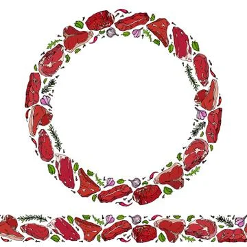 Endless Pattern Brush, Round Garland with Popular Steak Types, Onion, Garlic, Stock Illustration