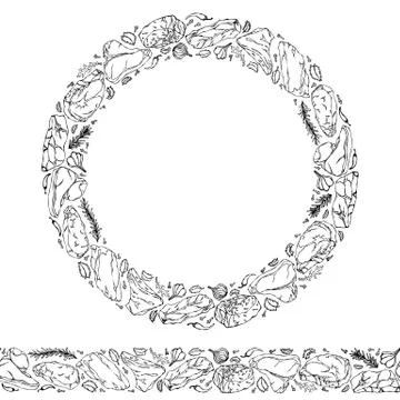 Endless Pattern Brush, Round Garland with Popular Steak Types, Onion, Garlic, Stock Illustration