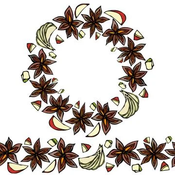 Endless Pattern Brush, Round Garland with Anise Star Seeds, Pieces of Diced A Stock Illustration