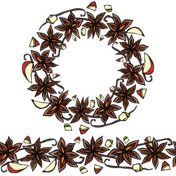 Endless Pattern Brush, Round Garland with Anise Star Seeds, Pieces of Diced A Stock Illustration