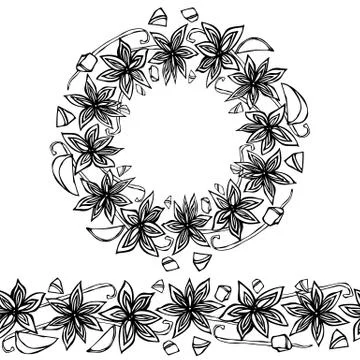 Endless Pattern Brush, Round Garland with Anise Star Seeds, Pieces of Diced A Stock Illustration