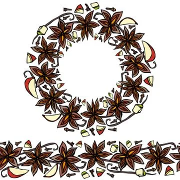 Endless Pattern Brush, Round Garland with Anise Star Seeds, Pieces of Diced A Stock Illustration