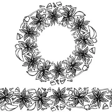 Endless Pattern Brush, Round Garland with Anise Star Seeds, Pieces of Diced A Stock Illustration