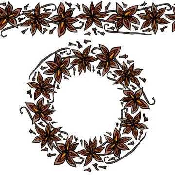 Endless Pattern Brush, Round Garland with Anise Star Seeds, Pieces of Diced A Stock Illustration