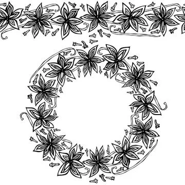 Endless Pattern Brush, Round Garland with Anise Star Seeds, Pieces of Diced A Stock Illustration
