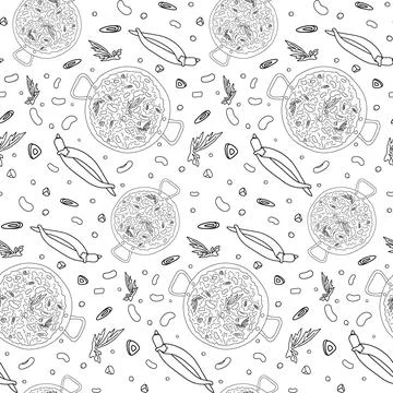 Endless pattern of chili con carne and chili pepper, vegetable slices and Stock Illustration