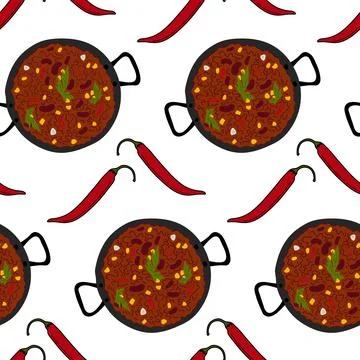 Endless pattern of Chili con carne and red hot chili pepper. Traditional Mexican 스톡 일러스트