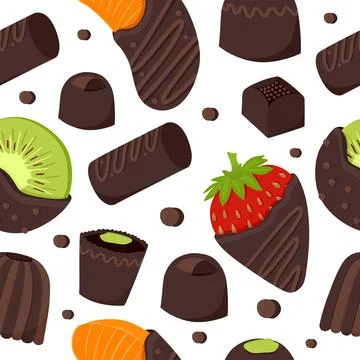 An endless pattern of chocolate-covered fruits and chocolate-covered candies Stock Illustration