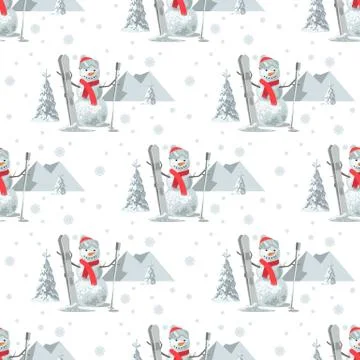 Endless pattern Christmas theme. Vector seamless illustration of a snowman, ski Stock Illustration