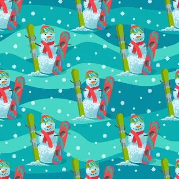 Endless pattern Christmas theme. Vector seamless illustration of a snowman, ski Illustrazione stock