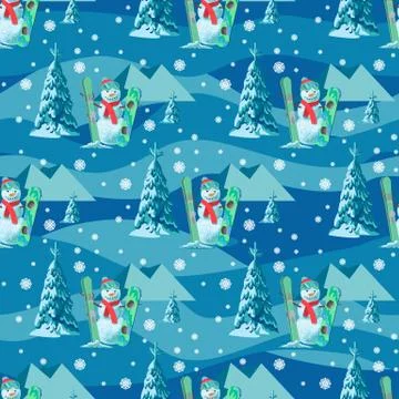 Endless pattern Christmas theme. Vector seamless illustration of a snowman, ski Stock Illustration