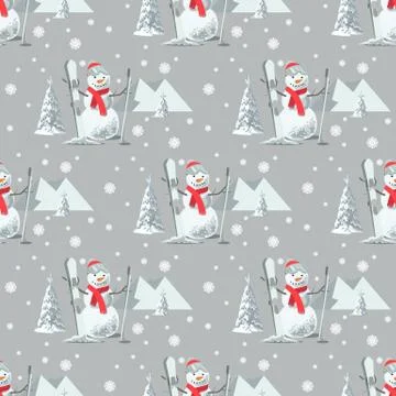 Endless pattern Christmas theme. Vector seamless illustration of a snowman, ski Stock Illustration