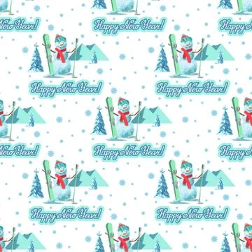 Endless pattern Christmas theme. Vector seamless illustration of a snowman, ski Illustrazione stock