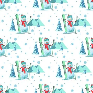 Endless pattern Christmas theme. Vector seamless illustration of a snowman, ski Stock Illustration