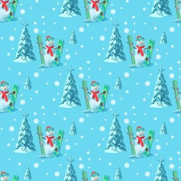 Endless pattern Christmas theme. Vector seamless illustration of a snowman, ski 스톡 일러스트