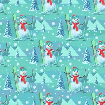 Endless pattern Christmas theme. Vector seamless illustration of a snowman, ski Stock Illustration