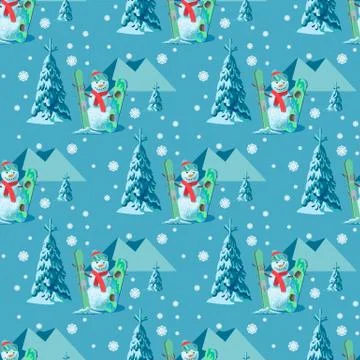 Endless pattern Christmas theme. Vector seamless illustration of a snowman, ski Stock Illustration