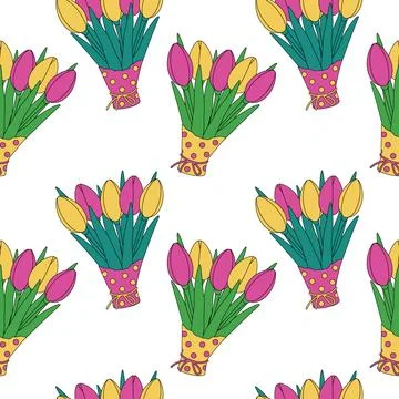 Endless pattern of colorful multi colored tulip bouquets in trendy bright shades イラスト素材