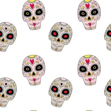 Endless pattern of colorful Sugar Skull with abstract pattern. Happy Dia de los Stock Illustration