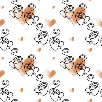 Endless pattern from the contour drawing of a cup with flowing steam and hearts Stock Illustration