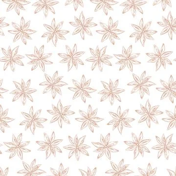 Endless pattern of contour drawing star anise in trendy brown hues. Spice for イラスト素材
