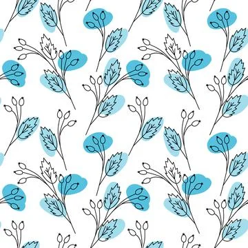 Endless pattern of contour rosehip branches with winter blue marker blots Illustrazione stock