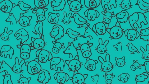 Endless Pattern of Cute Cartoon Animals and Pets on Bright Turquoise Backgrou Stock Footage 320335162