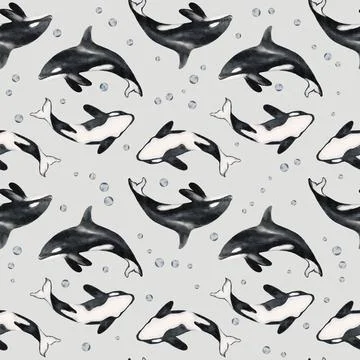 Endless pattern design featuring orcas and seals in a playful ocean motif Stock Illustration