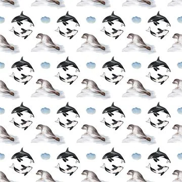 Endless pattern design featuring whales, orcas, and seals on a white backgrou Stock Illustration