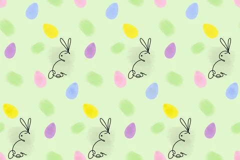 Endless pattern of Easter bunny in one continuous line and colorful Easter eggs 스톡 일러스트