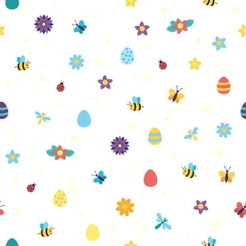 Endless pattern with eggs, flowers and insects. Spring, Easter pattern. Illustrazione stock